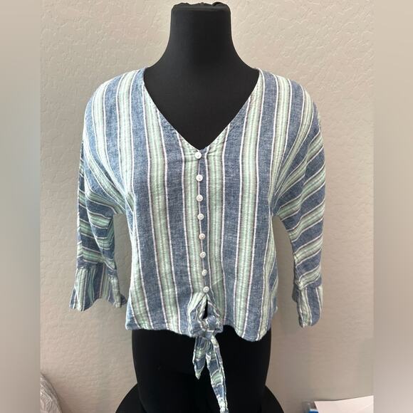 FOR CYNTHIA | Petite Blue Striped Linen Cotton Tie Front Button Blouse | Large - Picture 2 of 7